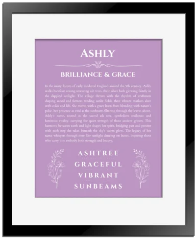 Ashly custom name art showing meaning and origin in light purple with black matte frame