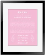 Ashlyn personalized name meaning print in light pink with black matte frame