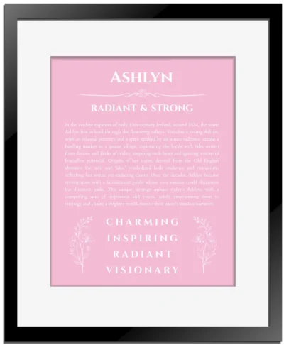 Ashlyn personalized name meaning print in light pink with black matte frame