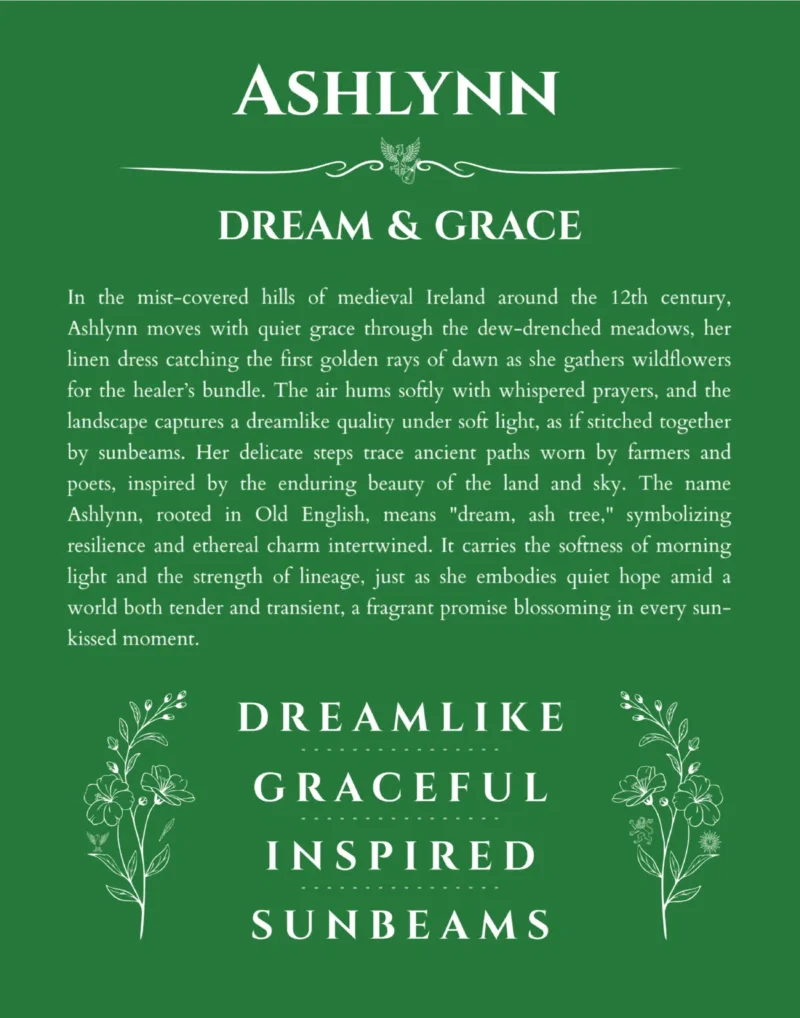 Ashlynn personalized name print with origin and traits in dark green