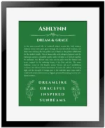 Ashlynn personalized name print with origin and traits in dark green with black matte frame