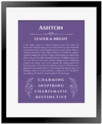 Ashton personalized name meaning print in purple with black matte frame