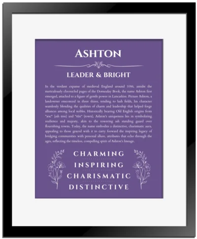 Ashton personalized name meaning print in purple with black matte frame