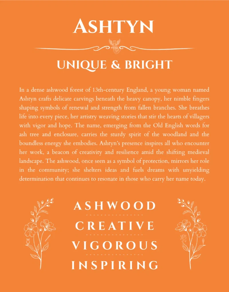 Ashtyn personalized name print with origin and traits in orange