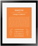 Ashtyn personalized name print with origin and traits in orange with black matte frame