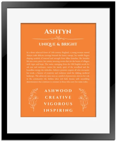 Ashtyn personalized name print with origin and traits in orange with black matte frame