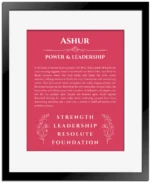 Ashur personalized name print with origin and traits in red with black matte frame