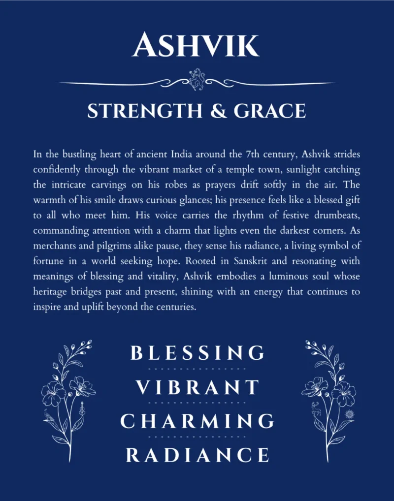 Ashvik name origin print with meaning and traits in deep blue