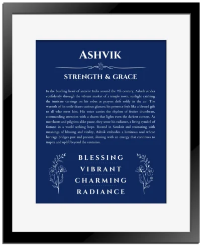 Ashvik name origin print with meaning and traits in deep blue with black matte frame