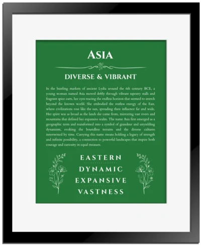 Asia personalized wall art with the story of your name in dark green with black matte frame