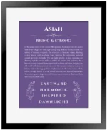 Asiah personalized wall art with the story of your name in purple with black matte frame