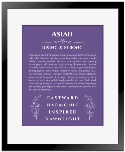 Asiah personalized wall art with the story of your name in purple with black matte frame