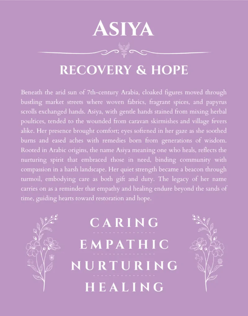 Asiya personalized name art with origin story in light purple