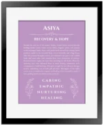 Asiya personalized name art with origin story in light purple with black matte frame