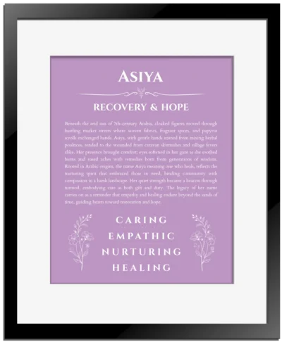 Asiya personalized name art with origin story in light purple with black matte frame