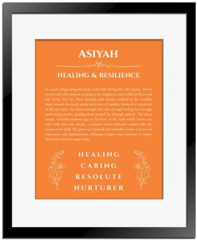 Asiyah personalized name print with origin and traits in orange with black matte frame