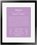 Aslan name meaning wall art by Get Your Story in light purple with black matte frame