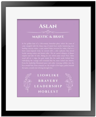 Aslan name meaning wall art by Get Your Story in light purple with black matte frame
