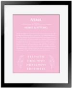 Asma personalized wall art with the story of your name in light pink with black matte frame