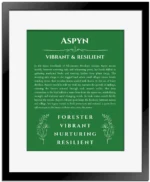 Aspyn name meaning wall art by Get Your Story in dark green with black matte frame