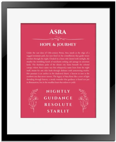 Asra custom name print for wall display in red with black matte frame