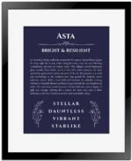 Asta personalized name meaning print in navy blue with black matte frame