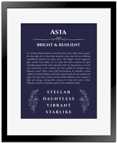 Asta personalized name meaning print in navy blue with black matte frame