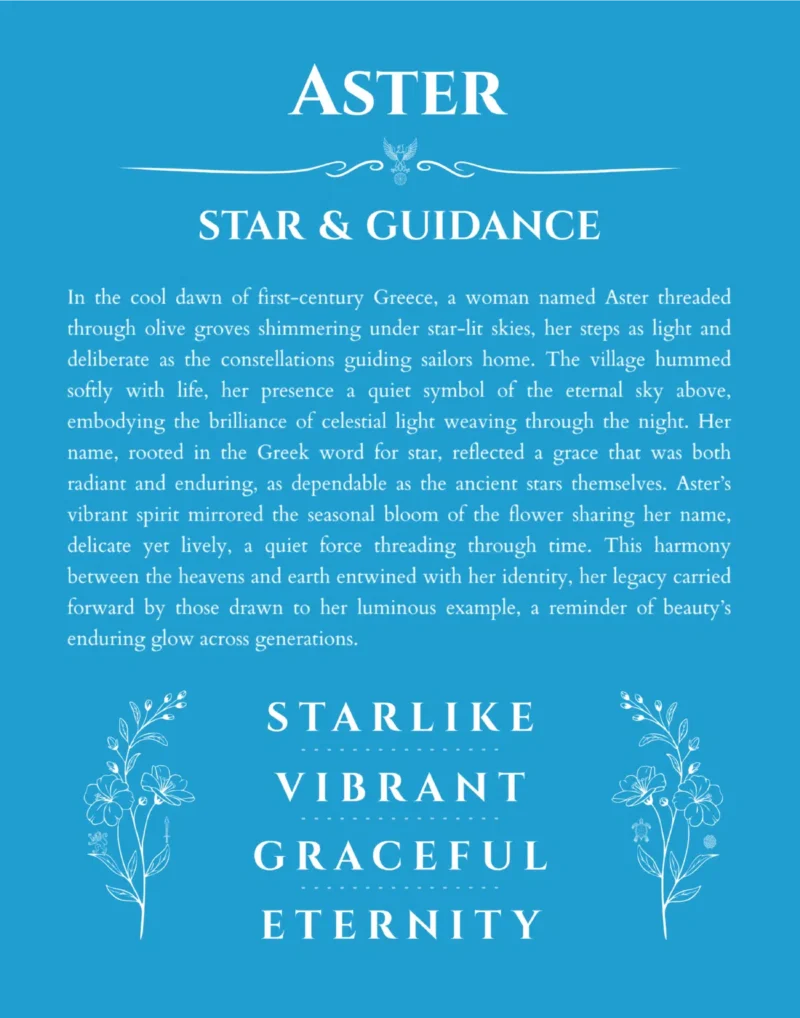 Aster personalized name art with origin story in blue
