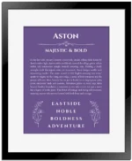 Aston personalized name print with origin and traits in purple with black matte frame
