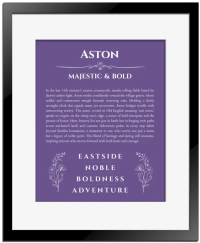 Aston personalized name print with origin and traits in purple with black matte frame