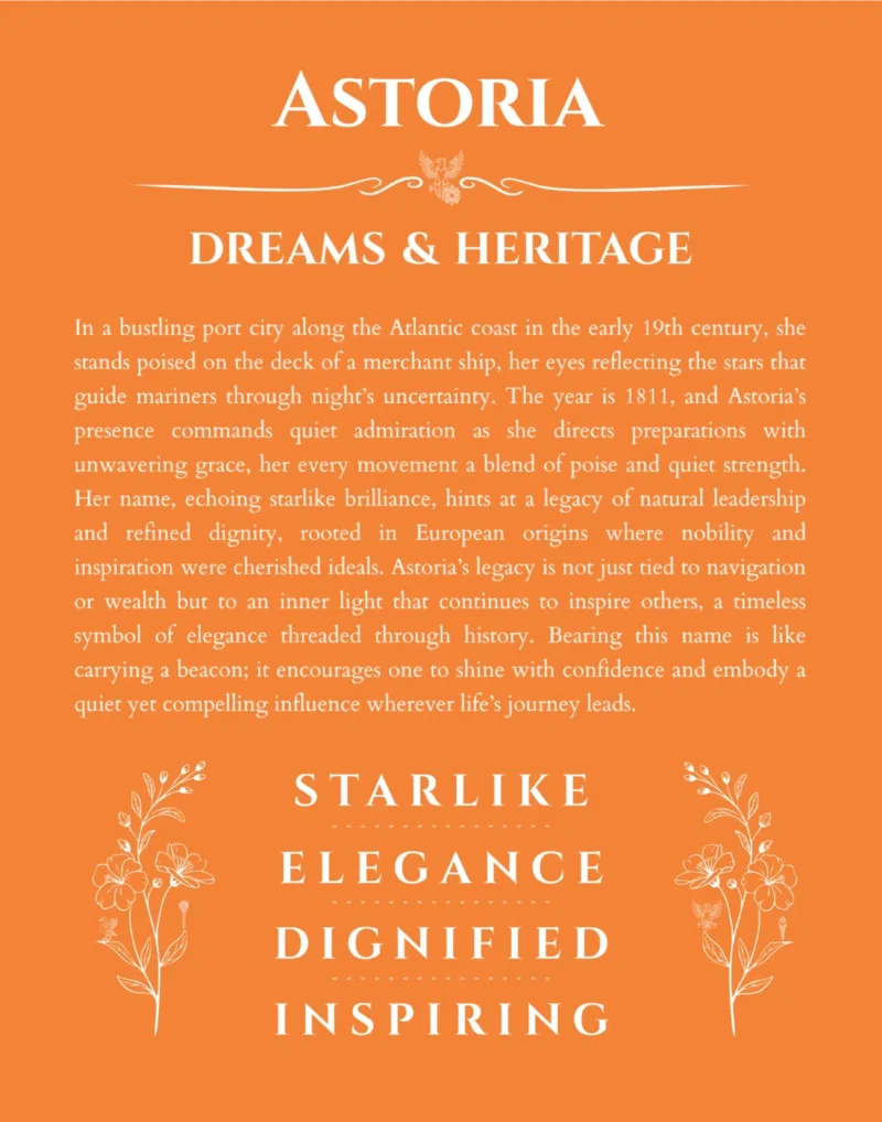 Astoria personalized name print with origin and traits in orange