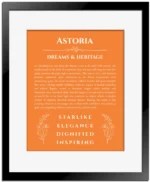 Astoria personalized name print with origin and traits in orange with black matte frame