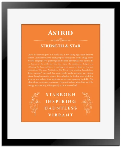 Astrid personalized name meaning print in orange with black matte frame