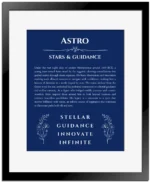 Astro personalized name print with origin and traits in deep blue with black matte frame