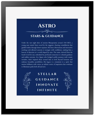 Astro personalized name print with origin and traits in deep blue with black matte frame