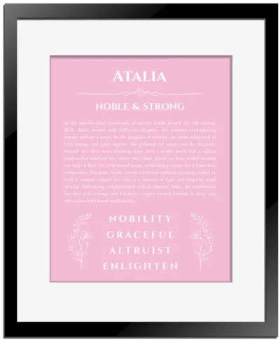 Atalia name meaning gift print in light pink with black matte frame