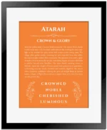 Atarah custom name print for wall display in orange with black matte frame