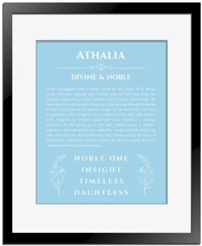 Athalia personalized wall art with the story of your name in light blue with black matte frame