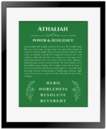 Athaliah personalized wall art with the story of your name in dark green with black matte frame