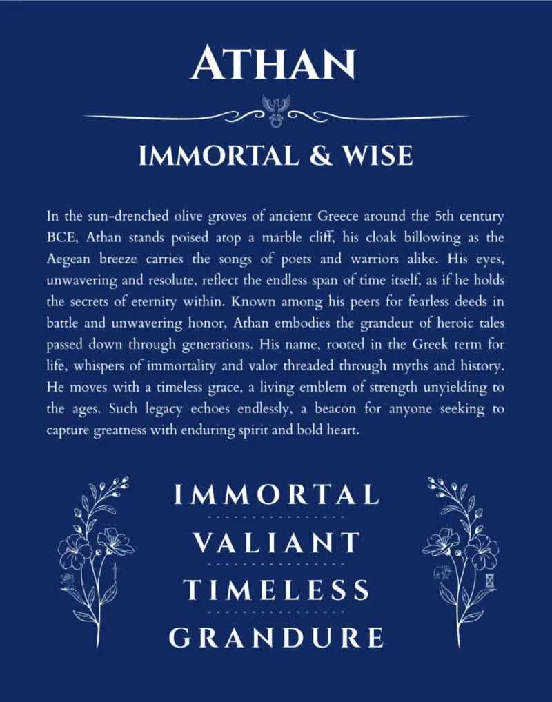 Athan personalized name print with origin and traits in deep blue