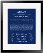 Athan personalized name print with origin and traits in deep blue with black matte frame