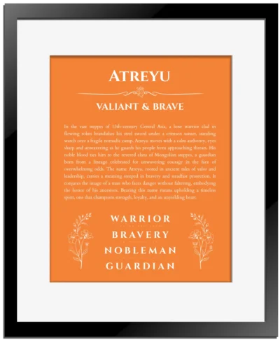 Atreyu personalized name print with origin and traits in orange with black matte frame
