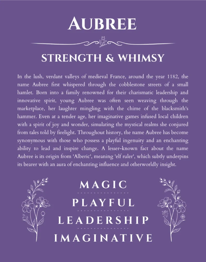Aubree personalized name art with origin story in purple