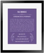 Aubree personalized name art with origin story in purple with black matte frame