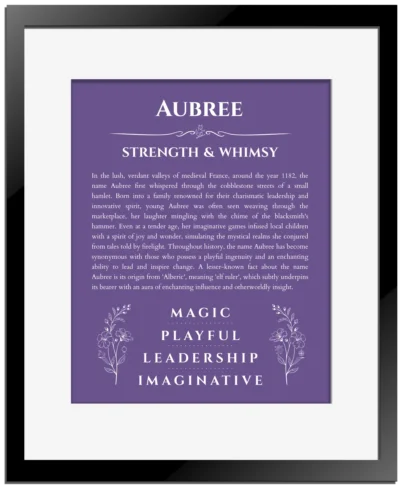 Aubree personalized name art with origin story in purple with black matte frame
