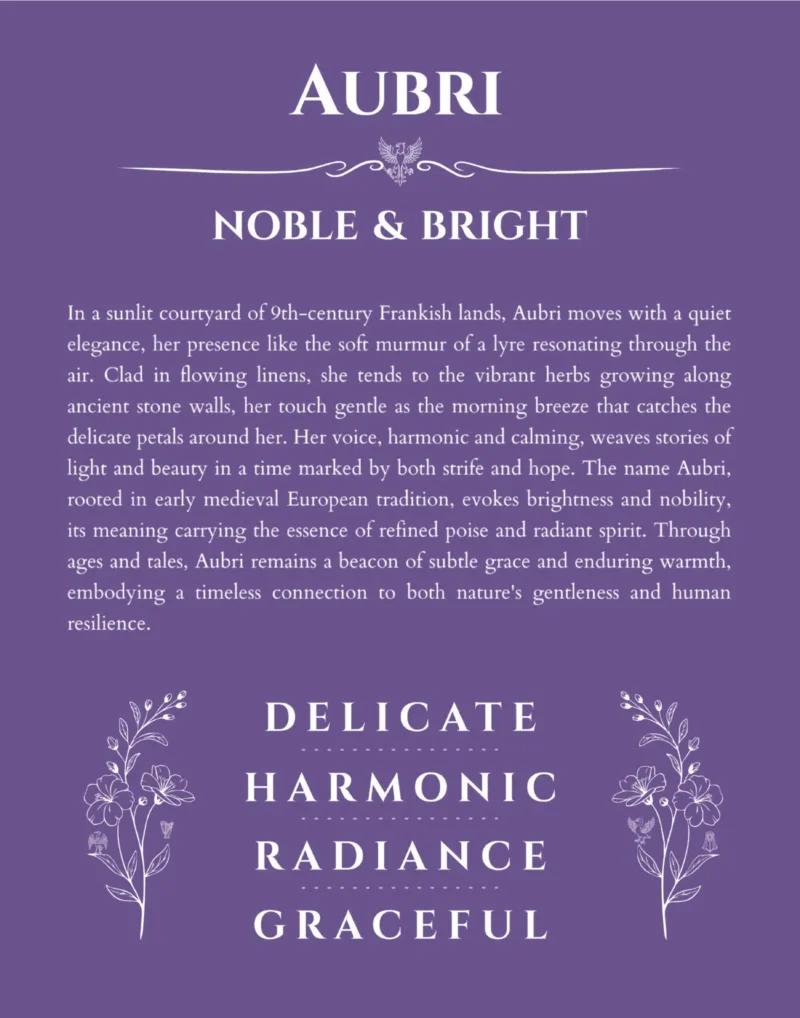 Aubri personalized name print with origin and traits in purple