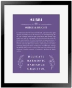 Aubri personalized name print with origin and traits in purple with black matte frame