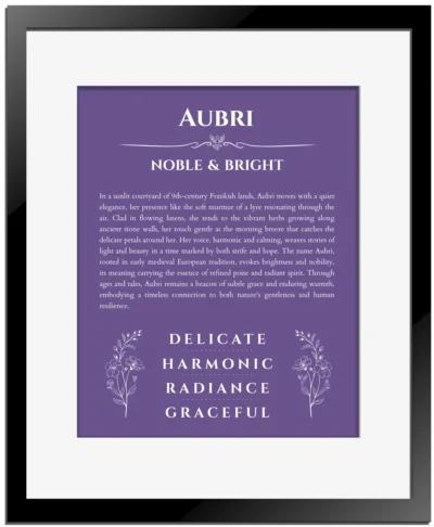 Aubri personalized name print with origin and traits in purple with black matte frame