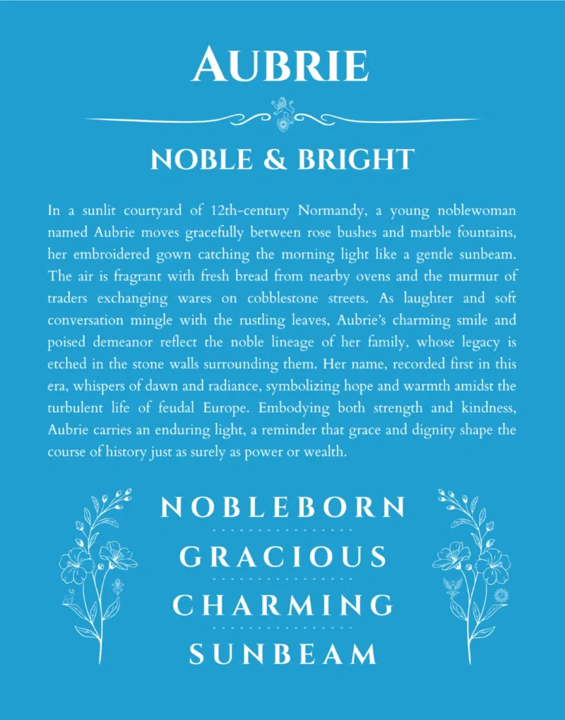 Aubrie personalized name print with origin and traits in blue