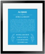 Aubrie personalized name print with origin and traits in blue with black matte frame